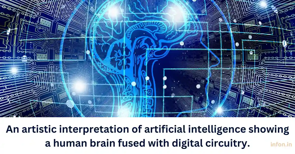 an artistic interpretation of artificial intelligence showing a human brain fused with digital circuitry.